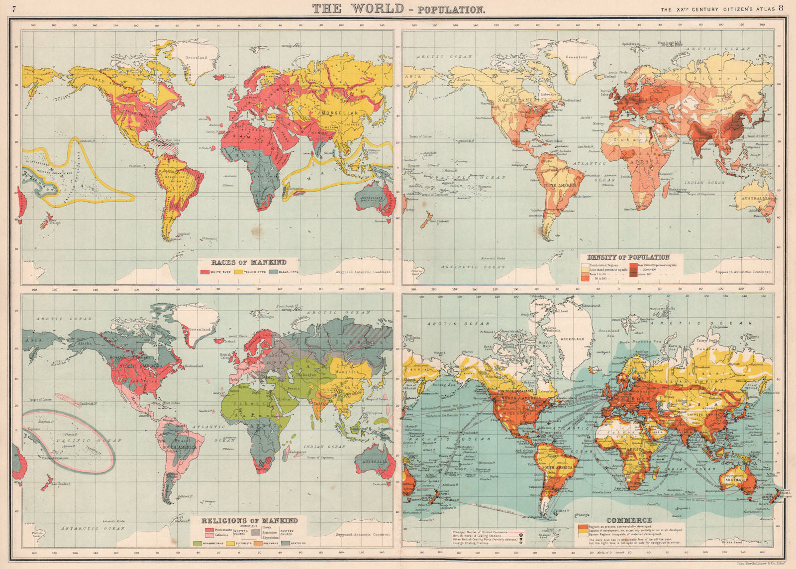WORLD POPULATION. Races Density Religions Commerce coaling stations 1901 map